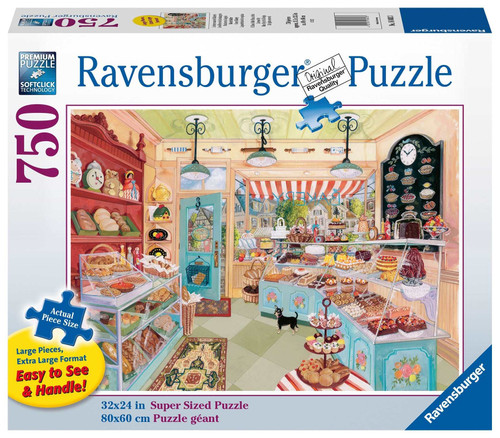 Ravensburger Corner Bakery 750 piece large format puzzle with bakery cakes pastries and café scene