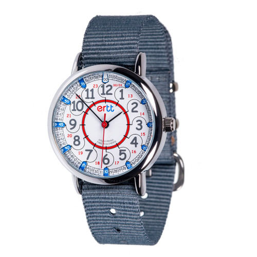 EasyRead Time Teacher 12/24 Hour Watch - Red/Blue Face with Grey Strap