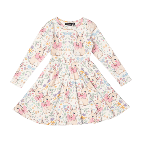 Rock Your Baby - Bunny Long Sleeve Waisted Dress (sizes 2-7)