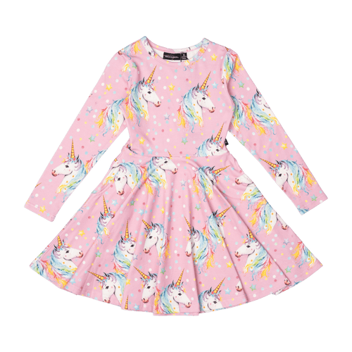 Rock Your Baby - Dotty Unicorn Long Sleeve Waisted Dress (sizes 8-12)