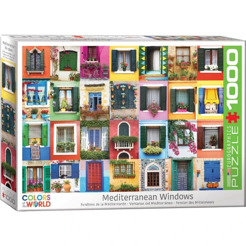 Mediterranean Windows 1000 piece puzzle with colourful shutters balconies and floral window scenes by Eurographics
