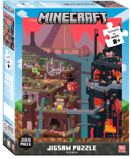 Minecraft 300 piece jigsaw puzzle with pixelated cave lava and adventure world scene
