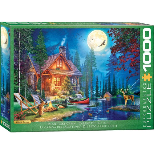 Moon Lake Cabin 1000 piece puzzle with moonlit cabin lake forest and wildlife scene by Eurographics