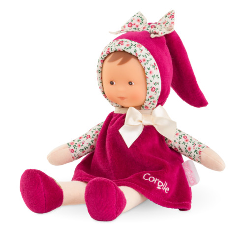 Corolle Miss Rose Grenadine soft baby doll with deep pink outfit floral details and satin bow