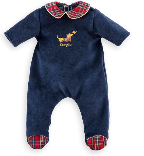 Corolle en Fêtes pyjamas for 36cm Mon Grand baby dolls with navy velour and tartan trim
