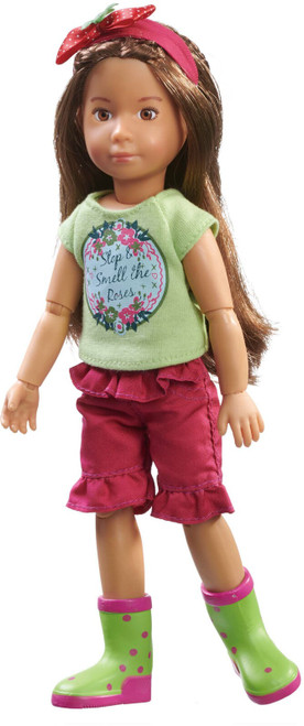 Kruselings Sofia doll dressed in gardener outfit with green boots and floral top