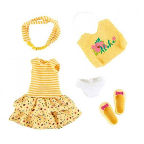 Kruselings Summer Queen doll outfit with yellow striped dress, tote bag and matching accessories