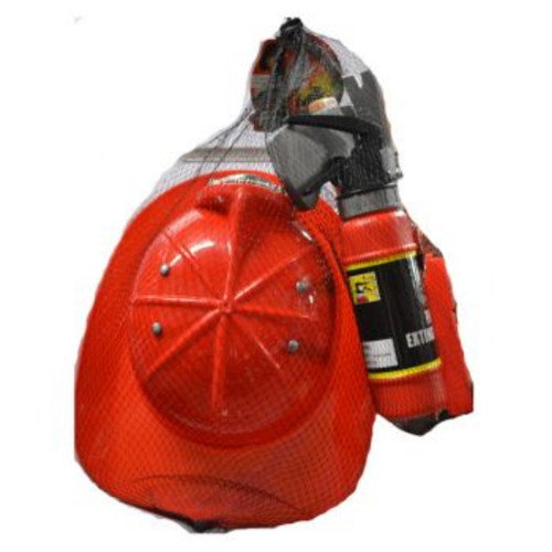 Kids fire fighter role play set with red firefighter helmet and toy fire extinguisher for imaginative dress-up play.