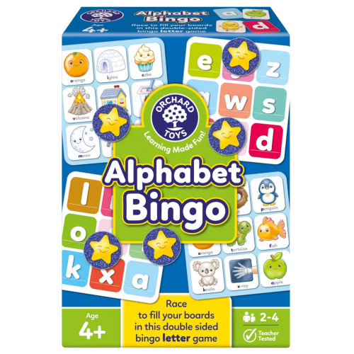 Orchard Toys Alphabet Bingo educational letter matching game for kids with colourful alphabet boards and picture cards.