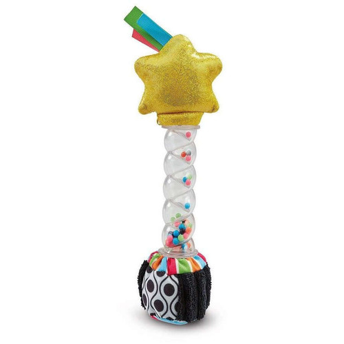 ELC black and white sensory baby rainmaker with colourful beads and textured sensory ribbons