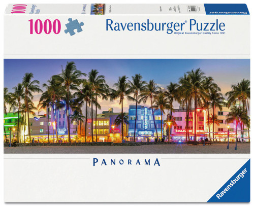 Ravensburger Night Glow on Ocean Drive 1000 piece panorama puzzle featuring colourful Miami Beach neon cityscape