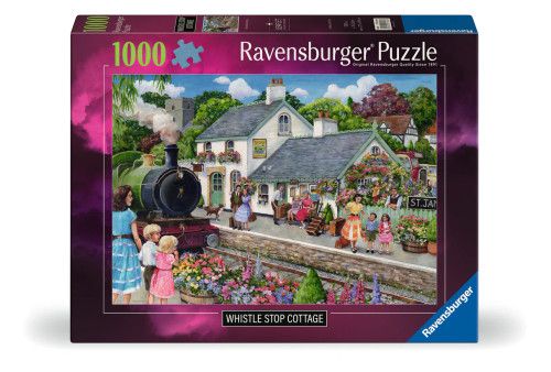 Ravensburger Whistle Stop Cottage 1000 piece puzzle featuring vintage steam train and countryside station scene