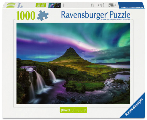 Ravensburger Aurora Over Kirkjufell 1000 piece puzzle featuring Northern Lights over Icelandic mountain landscape