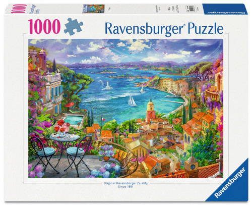 Ravensburger St. Tropez 1000 piece puzzle featuring colourful French Riviera coastal village and Mediterranean sea view