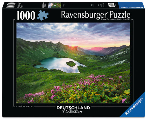 Ravensburger Allgäuer Bergsee 1000 piece puzzle featuring alpine mountain lake, wildflowers and German mountain scenery