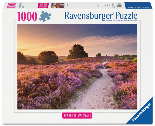 Ravensburger Pink Pathway 1000 piece puzzle featuring winding path through colourful heather fields at sunset