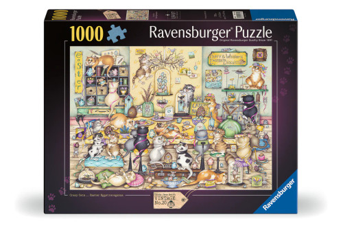 Ravensburger Crazy Cats Easter Eggstravaganza 1000 piece puzzle featuring playful cats, Easter eggs and whimsical artwork by Linda Jane Smith