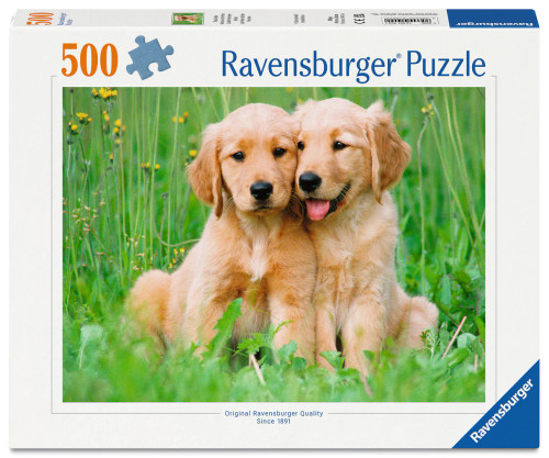 Ravensburger The Golden Retriever Brothers 500 piece puzzle featuring two adorable Golden Retriever puppies in a green meadow