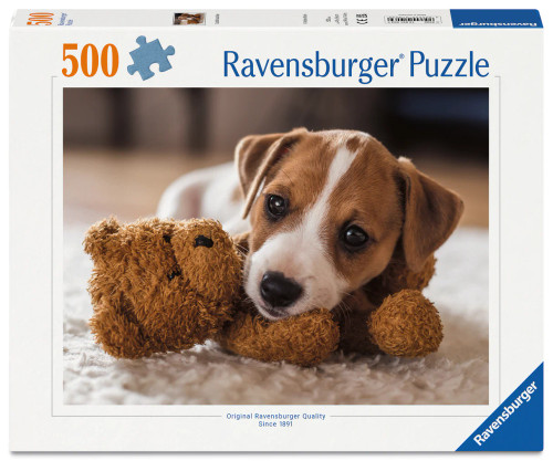 Ravensburger Cuddle Buddies 500 piece puzzle featuring an adorable puppy cuddling a teddy bear