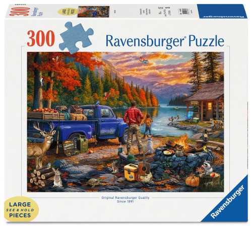 Ravensburger Sunset Lake Large Format 300 piece puzzle featuring lakeside camping scene, wildlife, mountains and sunset landscape