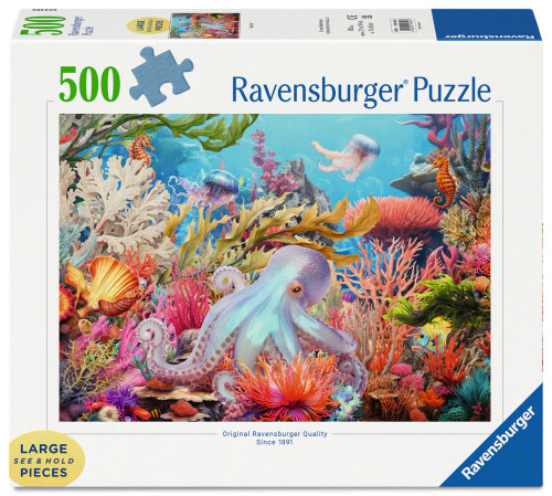 Ravensburger Reef Life Large Format 500 piece puzzle featuring colourful coral reef, octopus, jellyfish, seahorses and marine life
