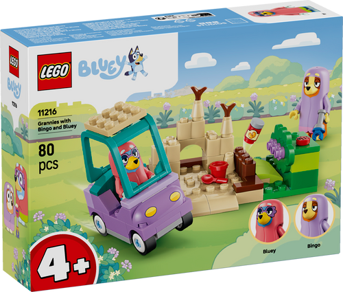 LEGO Bluey Grannies with Bingo and Bluey 11216 featuring Janet and Rita characters, granny car, garden and sandbox accessories