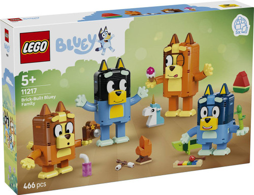 LEGO Bluey Brick-Built Bluey Family 11217 featuring Bluey, Bingo, Bandit and Chilli with accessories from the Bluey TV show
