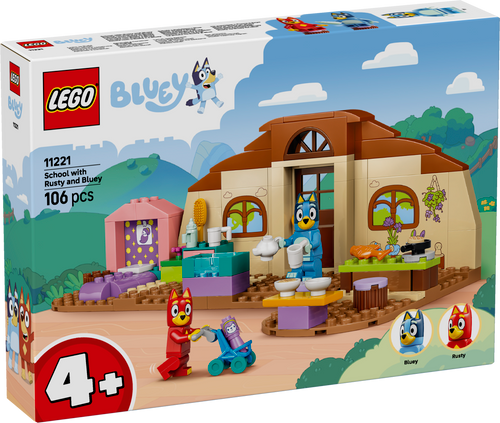 LEGO Bluey School with Rusty and Bluey 11221 featuring school building, café, hospital area, stroller and Bluey characters