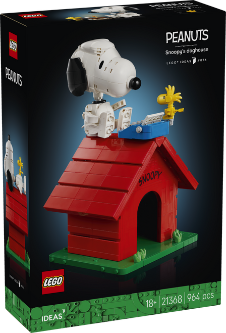 LEGO Ideas Peanuts Snoopy's Doghouse 21368 featuring posable Snoopy and Woodstock on the iconic red doghouse
