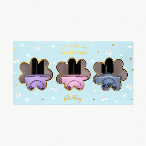 Oh Flossy Day Dream Nail Polish Set featuring lavender, periwinkle blue and peach pastel nail polish for kids