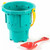 Colourful castle-shaped beach bucket with yellow handle and red spade for kids sandcastle and outdoor beach play.