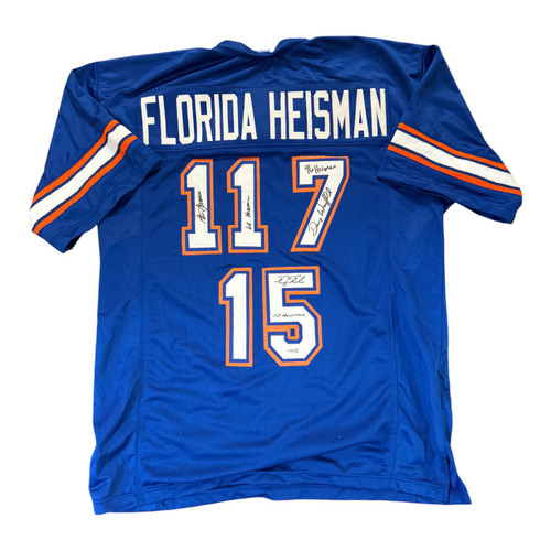 UF Gators 3 Heisman Spurrier, Wuerffel, Tebow Signed Custom Heisman Jersey - JSA