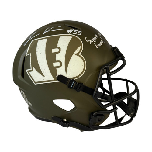 Logan Wilson Autographed Cincinnati Bengals Riddell Full Size 2022 Salute to Service Green Helmet with "Support Our Troops!" Inscription- Beckett