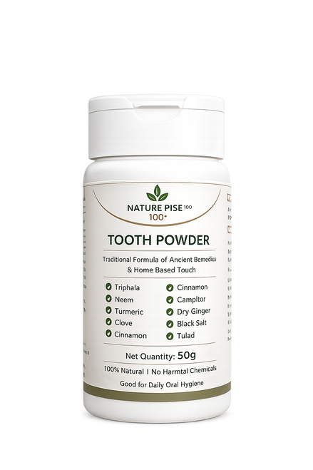Product Description – Tooth Powder
Naturerise100 Tooth Powder is a traditional Ayurvedic oral‑care formula crafted from ancient remedies and home‑based ingredients. This herbal blend combines Triphala, Neem, Turmeric, Clove, Cinnamon, Camphor, Dry Ginger, Black Salt, and Tulasi to promote strong gums, fresh breath, and natural teeth whitening.

? Key Benefits:

Strengthens gums and supports oral hygiene

Helps prevent cavities and bad breath

Naturally whitens teeth and removes stains

100% chemical‑free and safe for daily use

✨ Ingredients: Triphala, Neem, Turmeric, Clove, Cinnamon, Camphor, Dry Ginger, Black Salt, Tulasi

? Net Quantity: 50 g
? Price: ₹ 120
? Shelf Life: 2 Years
? 100% Natural | No Harmful Chemicals