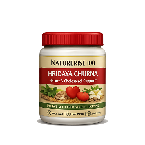 Product Description – Hridaya Churna
Naturerise100 Hridaya Churna is a natural Ayurvedic formulation designed to support heart health and cholesterol balance. Enriched with powerful herbs like Arjuna, Punarnava, Guduchi, Ashwagandha, and Ceylon Cinnamon, this blend strengthens heart muscles, promotes circulation, and supports overall cardiovascular wellness.

? Key Benefits:

Strengthens heart muscles and supports cardiac function

Helps maintain healthy cholesterol levels

Boosts immunity and detoxification

Reduces stress and enhances vitality

✨ Ingredients: Arjuna, Punarnava, Guduchi, Ashwagandha, Ceylon Cinnamon

? Net Quantity: 150 gm
? Price: ₹ 220
? Shelf Life: 2 Years
? 100% Natural | No Harmful Chemicals