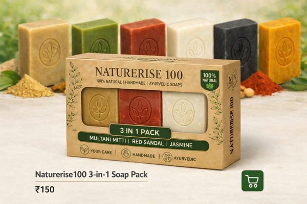 Product Description – Herbal Soaps
Naturerise100 Herbal Soaps are crafted with ancient Ayurvedic wisdom and modern care, offering natural cleansing and skin nourishment. Each soap is enriched with herbal extracts to target specific skin needs, leaving your skin refreshed, soft, and healthy.

? Available Varieties:

Multani Mitti – Deep cleanse & oil control

Aloe Vera – Hydration & cooling care

Turmeric – Anti‑bacterial & brightening

Charcoal – Detox & pollution defense

Nalaparam – Traditional herbal skin care

Red Sandal – Glow & complexion care

Jasmine – Fragrance & freshness

✨ Key Benefits:

100% natural herbal ingredients

Gentle on skin, free from harmful chemicals

Supports anti‑tan, freshness, soft skin, and deep cleansing

Suitable for daily use

? Pack Options:

Single Soap (₹ 60 each)

3‑in‑1 Soap Pack (₹ 150, choose any 3 varieties)

? Shelf Life: 2 Years
? 100% Natural | Ayurvedic | Herbal Care