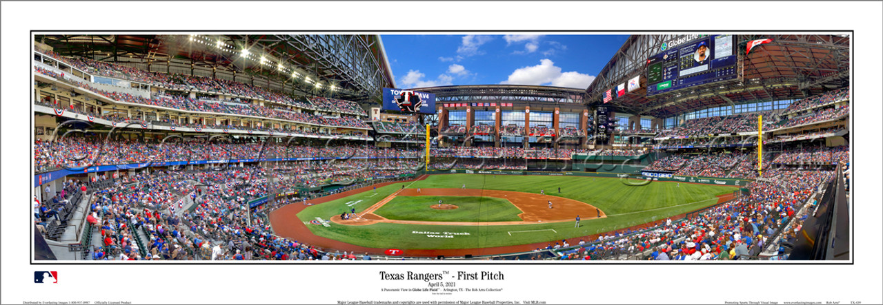 "First Pitch" Texas Rangers at Globe Life Field Panoramic Framed Poster
