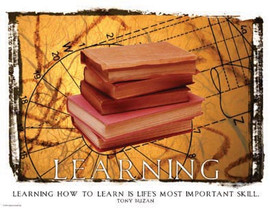 Learning poster, Learning how to learn is life's most important skill Tony Buzan image of books , musical score, compass, math, red and brown