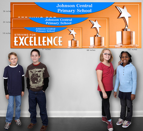 striving for excellence banner with trophy and primary kids , size variants for ordering