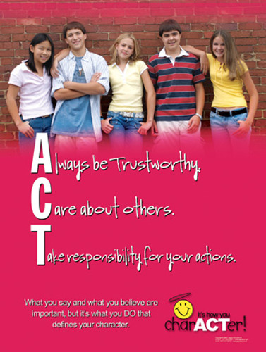 Act Poster What you say and what you believe pink poster with racial diversity image of students