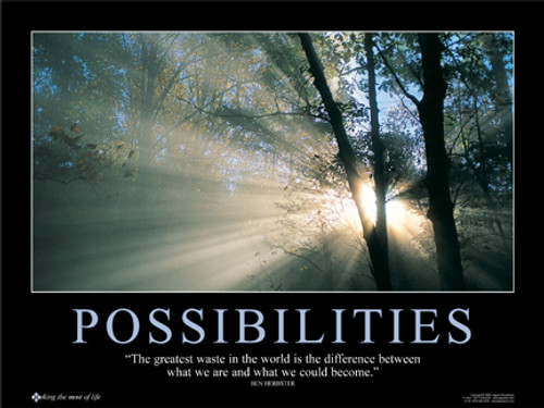 Possibilities, poster image of trees and sunlight streaming through
