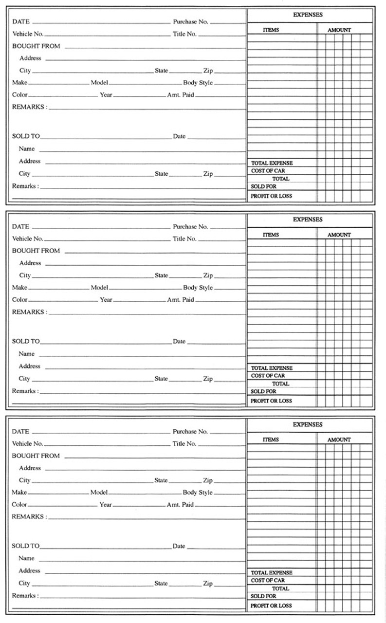 Used Car Record Book Inside Pages