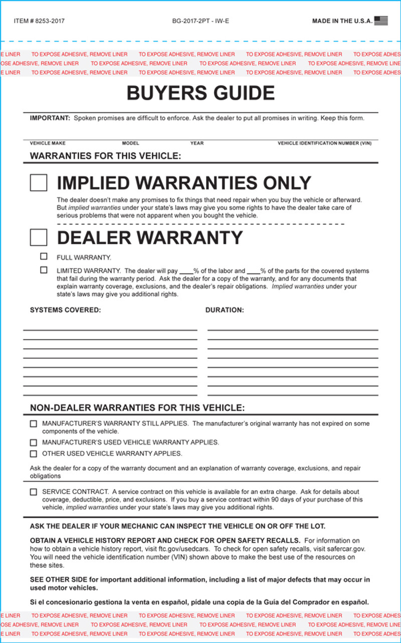 2-Part Buyers Guide Plain- Implied Warranty Form