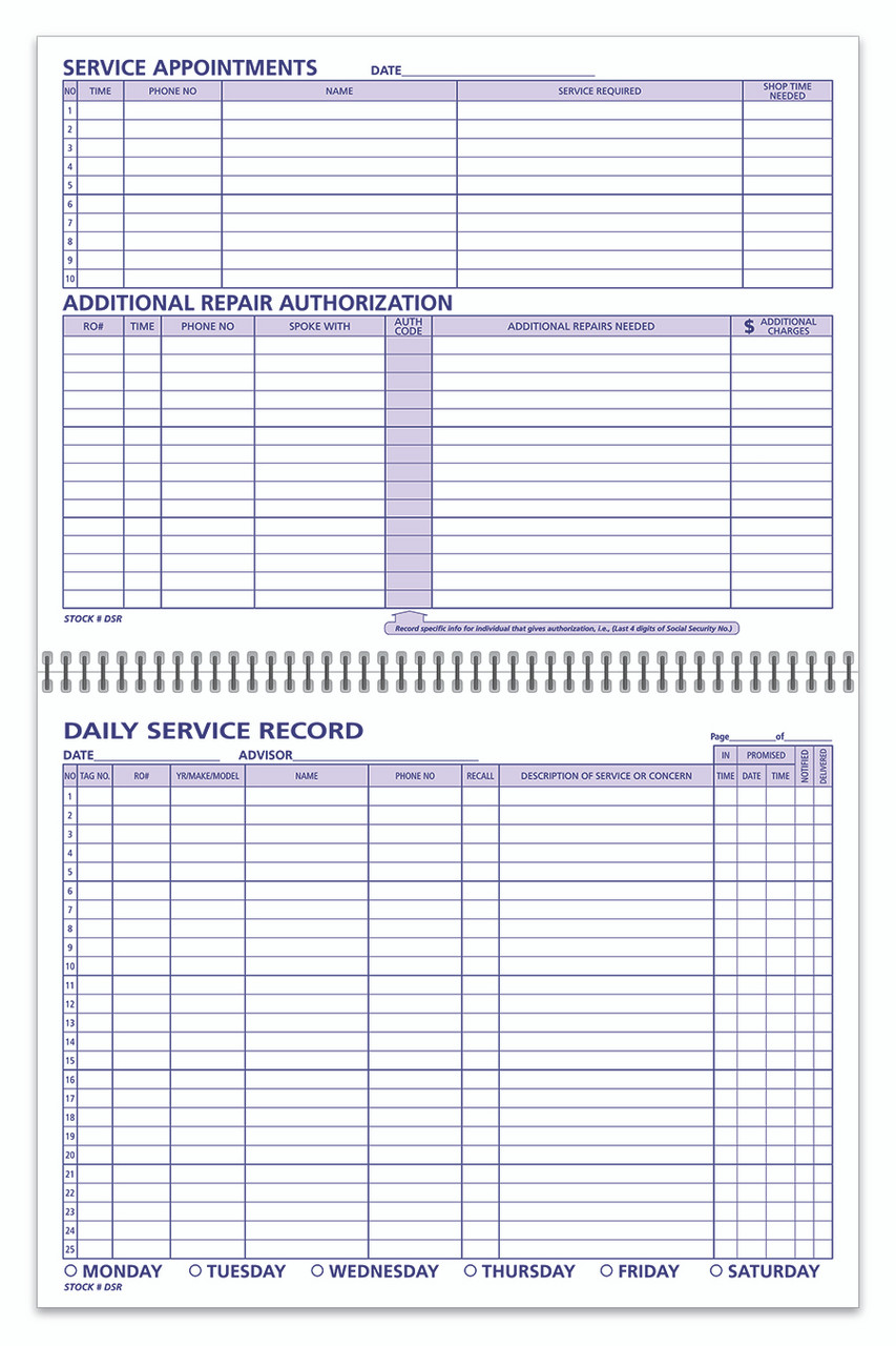 Daily Service Record Book (Form- #DSR)