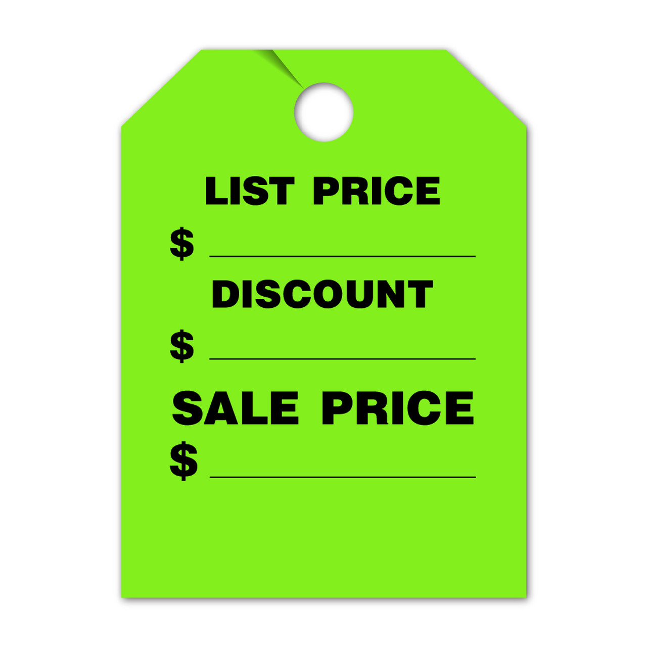 List Price, Discount, Sale Price  Mirror Hang Tag fluorescent green