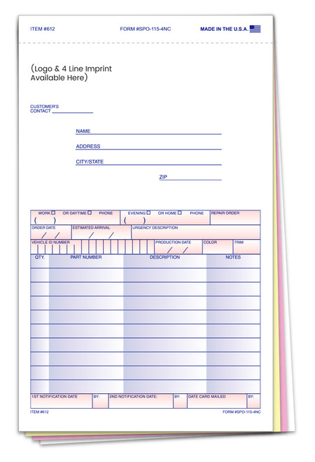 4-Part Special Parts Order Form Custom IMPRINT (#SPO-115-4N)