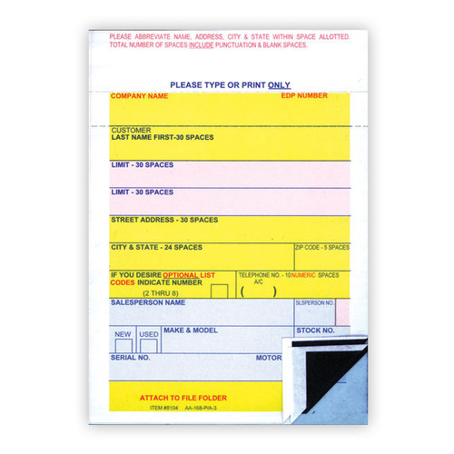 3-Part Vehicle Deal Labels (Form #AA-168 P/A-3)