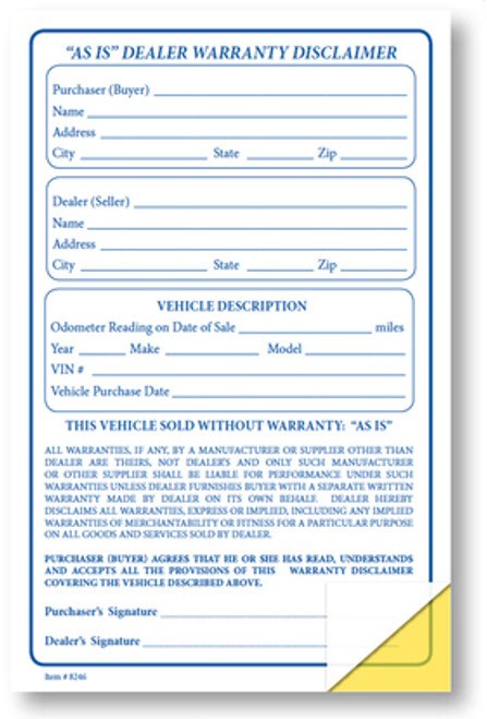 "As Is" Dealer Warranty Disclaimer (Form-#8246)