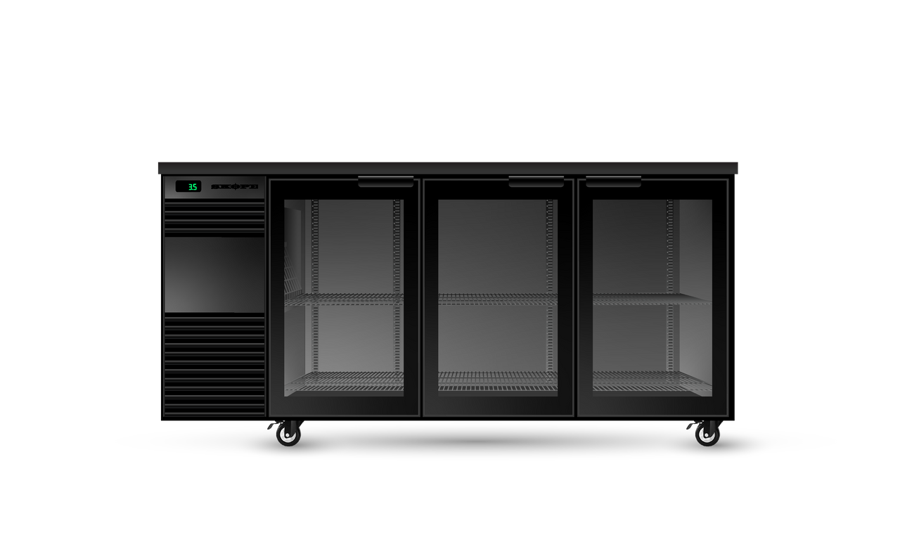 Skope BB.3.GSW.Tr BackBar 3 Glass Swing Door Fridge - Tropical Remote - Black - Special Order