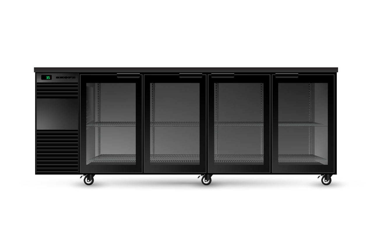 Skope BB.4.GSW.Tr BackBar 4 Glass Swing Door Fridge - Tropical Remote - Stainless Steel - Special Order